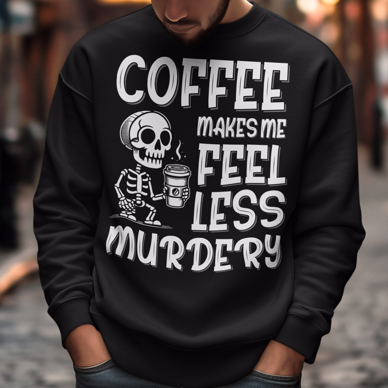 Introducing our "Coffee Makes Me Feel Less Murdery" Sweatshirt – the perfect blend of dark humor and everyday caffeine dependence. This unique design features a laid-back skeleton holding a steaming cup of coffee, perfectly capturing the sentiment that a good brew can make even the most undead feel more alive. The bold text "COFFEE MAKES ME FEEL LESS MURDERY" adds a cheeky twist, making this shirt a must-have for coffee lovers with a quirky sense of humor.