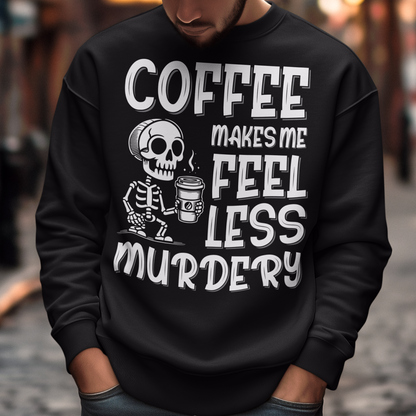 Introducing our "Coffee Makes Me Feel Less Murdery" Sweatshirt – the perfect blend of dark humor and everyday caffeine dependence. This unique design features a laid-back skeleton holding a steaming cup of coffee, perfectly capturing the sentiment that a good brew can make even the most undead feel more alive. The bold text "COFFEE MAKES ME FEEL LESS MURDERY" adds a cheeky twist, making this shirt a must-have for coffee lovers with a quirky sense of humor.