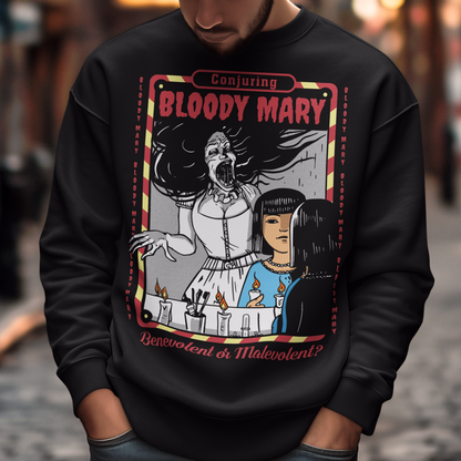 Dare to look twice. This chilling sweatshirt features a haunting design of a girl staring into a mirror—only to find Bloody Mary staring back from the reflection. Above, the bold words “Conjuring Bloody Mary” summon the legend, while below, the question “Benevolent or malevolent?” dares the viewer to decide. This shirt is perfect for horror fans, urban legend lovers, and anyone who enjoys walking the line between myth and reality.