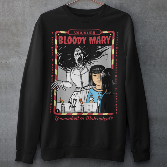 Dare to look twice. This chilling sweatshirt features a haunting design of a girl staring into a mirror—only to find Bloody Mary staring back from the reflection. Above, the bold words “Conjuring Bloody Mary” summon the legend, while below, the question “Benevolent or malevolent?” dares the viewer to decide. This shirt is perfect for horror fans, urban legend lovers, and anyone who enjoys walking the line between myth and reality.