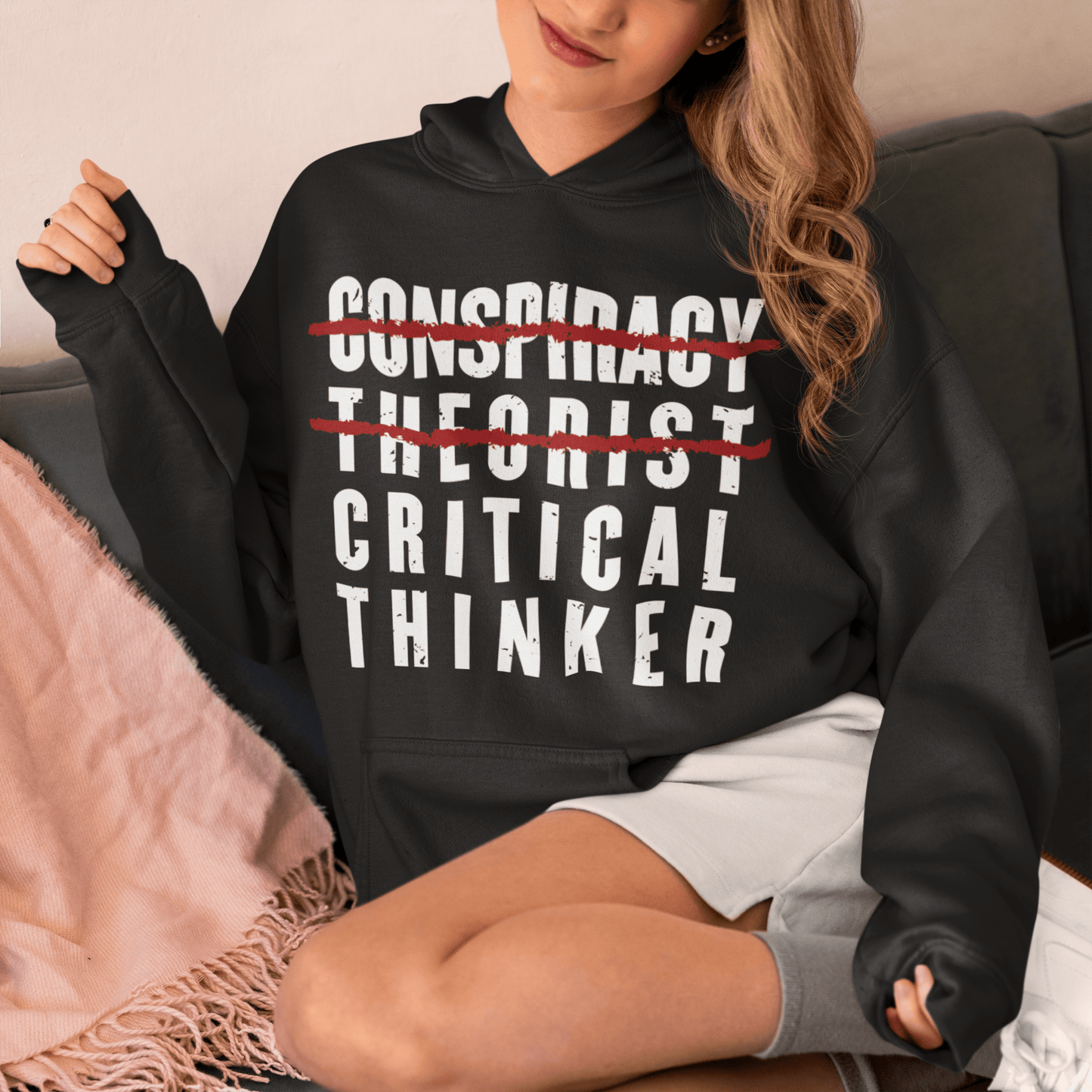 Black hoodie with text Conspiracy Theorist Critical Thinker