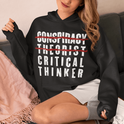 Introducing our thought-provoking and eye-catching hoodie design that challenges conventional thinking and promotes intellectual curiosity: The "Conspiracy Theorist Critical Thinker " hoodie. This unique design serves as a bold statement, urging individuals to question prevailing narratives and explore alternative perspectives.
