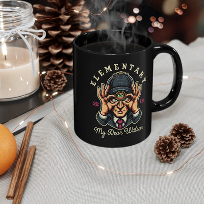 Black mug of Sherlock Holmes with a third eye and text ELEMENTARY MY DEAR WATSON.