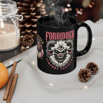 Black mug of an Illuminati sheep with a third eye with text FORBIDDEN SECRET SOCIETY.