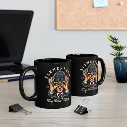 Black mug of Sherlock Holmes with a third eye and text ELEMENTARY MY DEAR WATSON.