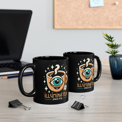 Black mug of an Illuminati cup with text Illumina-Tea