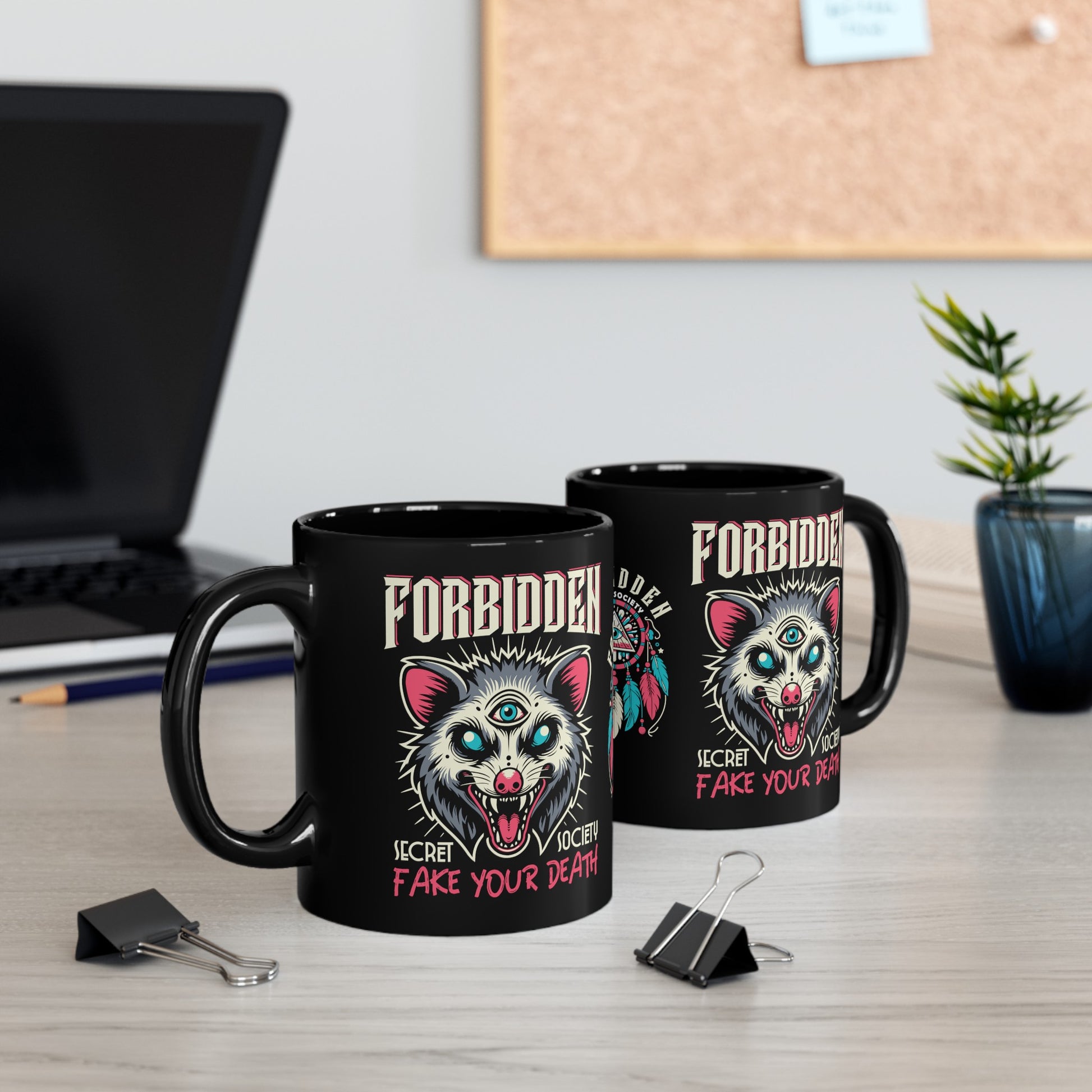 Black mug of an Illuminati possum with a third eye with text FORBIDDEN SECRET SOCIETY.