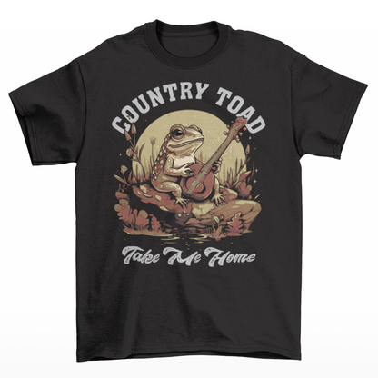 Black t-shirt with a design of frog in a pond sitting on a rock in front of the moon playing a banjo with text "COUNTRY TOAD TAKE ME HOME"