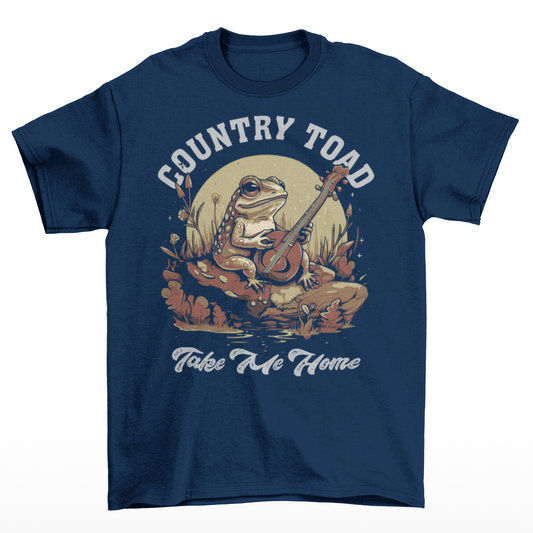 Navy t-shirt with a design of frog in a pond sitting on a rock in front of the moon playing a banjo with text "COUNTRY TOAD TAKE ME HOME"