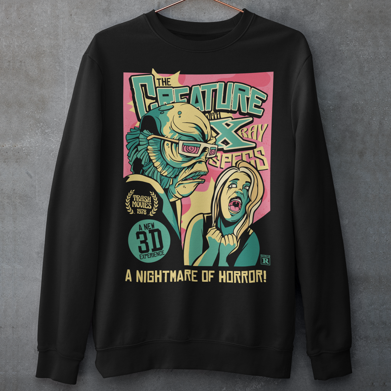 Black sweatshirt of the creature of the black lagoon comic book.