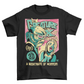 Black t-shirt with comic book style design of the creature from the black lagoon.