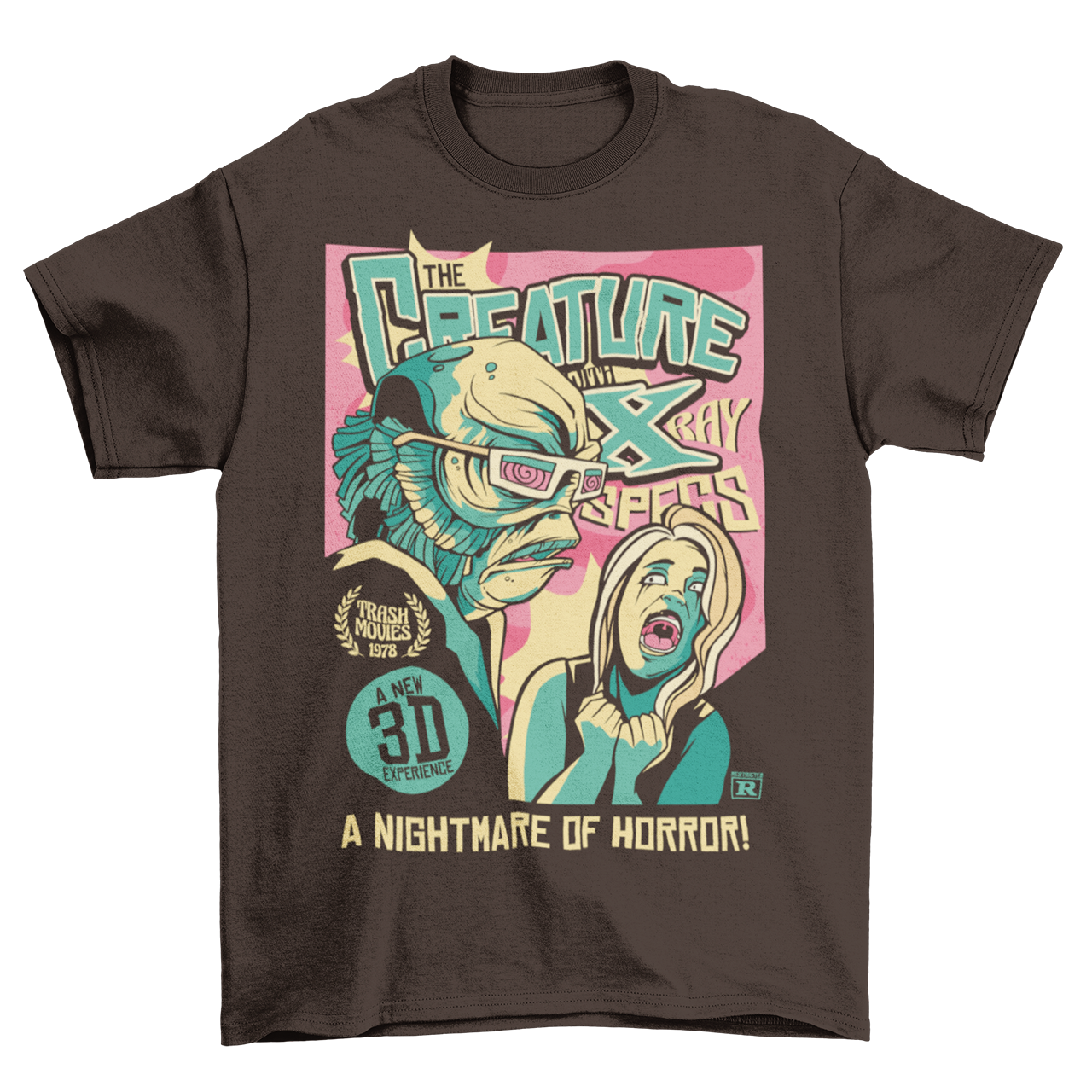 Brown t-shirt with comic book style design of the creature from the black lagoon.