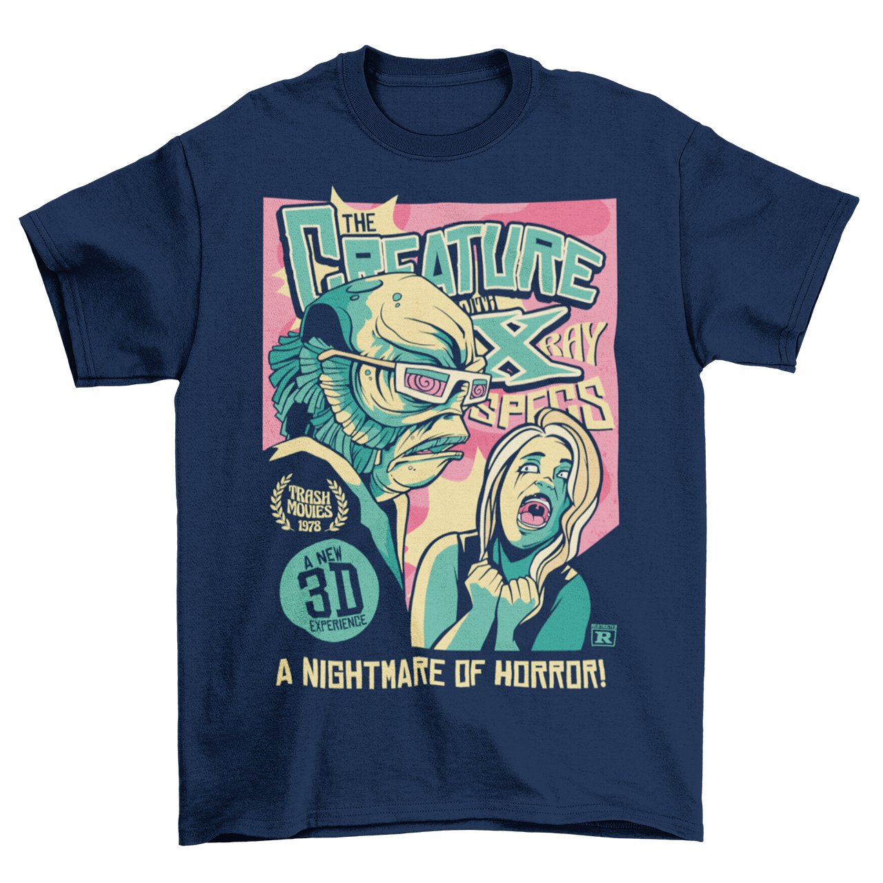 Navy t-shirt with comic book style design of the creature from the black lagoon.