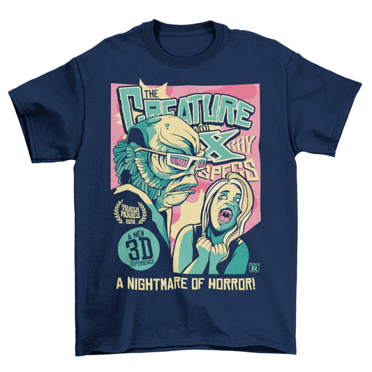 Navy t-shirt with comic book style design of the creature from the black lagoon.