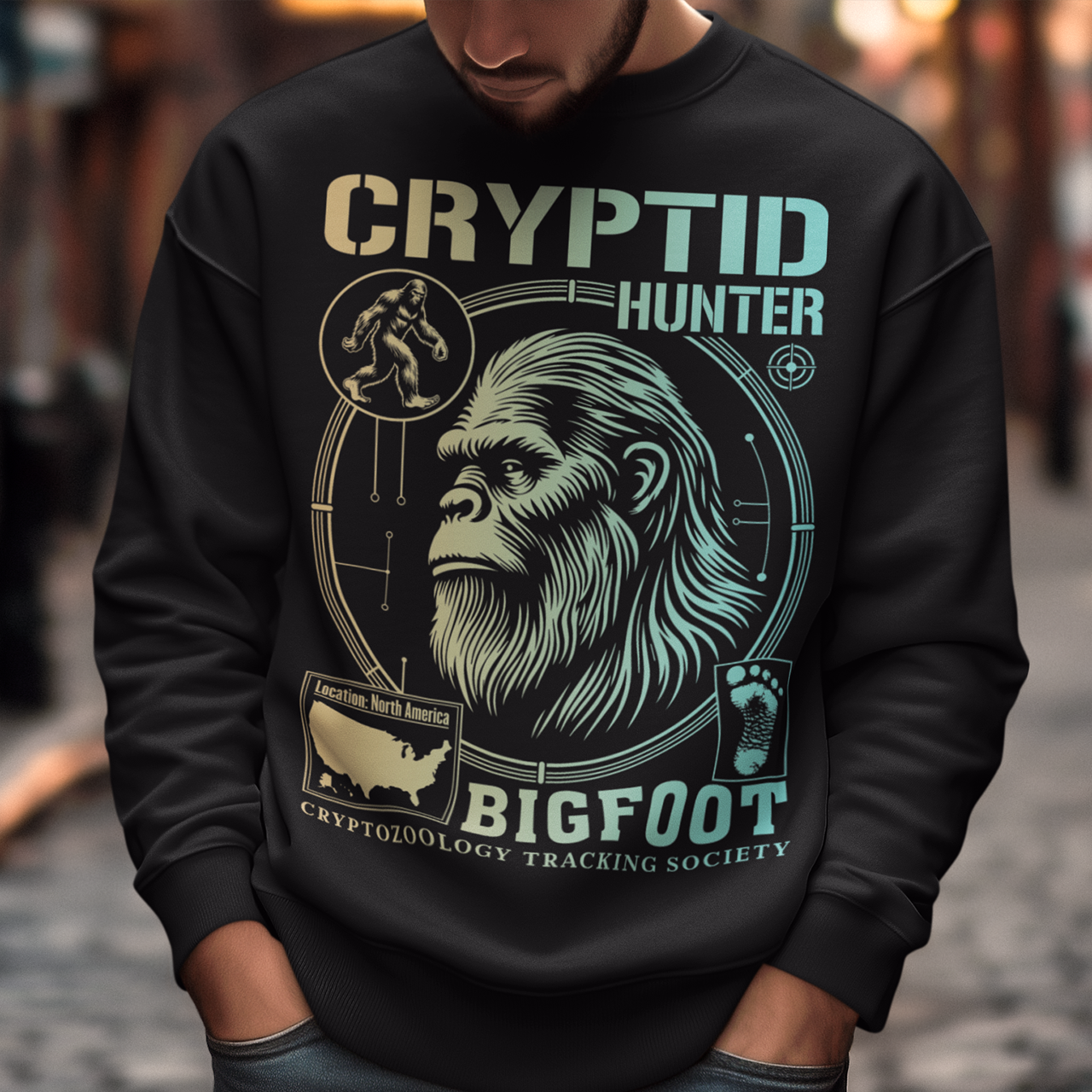 Illustration of a cryptozoology-themed sweatshirt featuring a stylized image of Bigfoot's head, shown with shaggy fur, deep-set eyes, and a mysterious expression. The artwork has a bold, rugged design in earthy tones, emphasizing the mythical nature of the creature. Above the image, the words "CRYPTID HUNTER" are prominently displayed in large, distressed lettering, suggesting adventure and mystery. The design appeals to fans of folklore, legends, and unexplained phenomena.