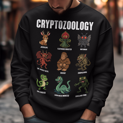This black graphic sweatshirt celebrates the strange and wonderful world of cryptozoology with a lineup of iconic cryptids, each illustrated in a playful, cartoon style. From Bigfoot and Mothman to the Loch Ness Monster, Chupacabra, and Jersey Devil, the design reads like a greatest-hits roster of legendary creatures that lurk just beyond the edge of belief. Bold “Cryptozoology” lettering tops the grid, giving it the feel of a vintage science chart with a fun, modern twist.