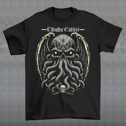 Unleash your dark allegiance with this bold graphic tee featuring a haunting skull-faced Cthulhu design. Tentacles twist and coil beneath a menacing skeletal visage, merging death and madness in one unforgettable image. Above the ancient cosmic horror, the words “Cthulhu Cultist” loom in eldritch-style lettering, marking you as a devoted follower of the Great Old One. Perfect for fans of Lovecraftian horror, dark fantasy, or anyone drawn to the mysterious depths of the unknown.