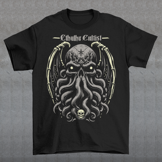 Unleash your dark allegiance with this bold graphic tee featuring a haunting skull-faced Cthulhu design. Tentacles twist and coil beneath a menacing skeletal visage, merging death and madness in one unforgettable image. Above the ancient cosmic horror, the words “Cthulhu Cultist” loom in eldritch-style lettering, marking you as a devoted follower of the Great Old One. Perfect for fans of Lovecraftian horror, dark fantasy, or anyone drawn to the mysterious depths of the unknown.