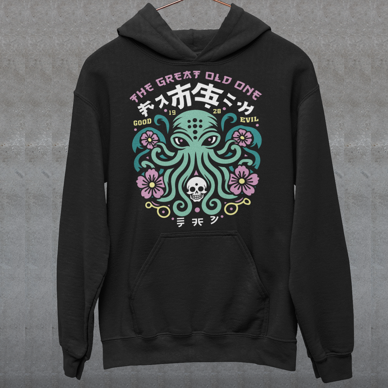 Summon the style of the deep with this striking Japanese Cthulhu hoodie. The design fuses H.P. Lovecraft’s legendary cosmic horror with bold Japanese ukiyo-e influences. This shirt is perfect for fans of Japanese art, Lovecraftian lore, and anyone who likes their fashion a little… unspeakable.