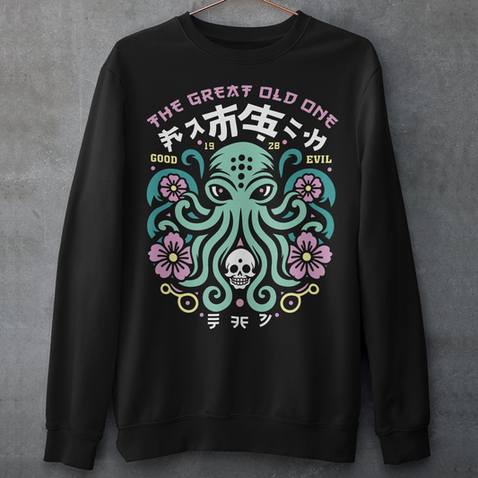 Summon the style of the deep with this striking Japanese Cthulhu sweatshirt. The design fuses H.P. Lovecraft’s legendary cosmic horror with bold Japanese ukiyo-e influences. This shirt is perfect for fans of Japanese art, Lovecraftian lore, and anyone who likes their fashion a little… unspeakable.