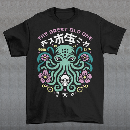 Summon the style of the deep with this striking Japanese Cthulhu tee. The design fuses H.P. Lovecraft’s legendary cosmic horror with bold Japanese ukiyo-e influences. This shirt is perfect for fans of Japanese art, Lovecraftian lore, and anyone who likes their fashion a little… unspeakable.