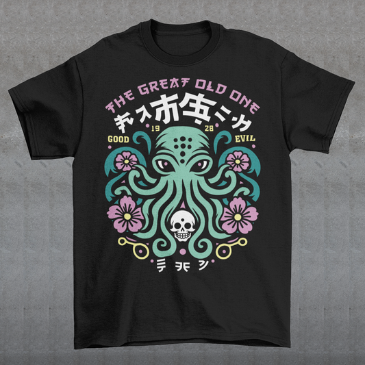 Summon the style of the deep with this striking Japanese Cthulhu tee. The design fuses H.P. Lovecraft’s legendary cosmic horror with bold Japanese ukiyo-e influences. This shirt is perfect for fans of Japanese art, Lovecraftian lore, and anyone who likes their fashion a little… unspeakable.