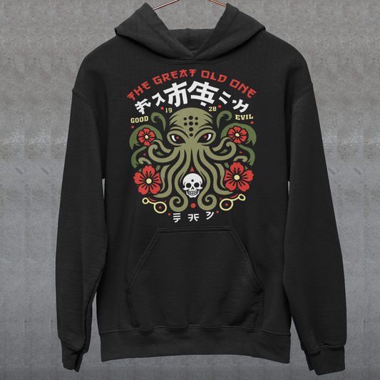 Summon the style of the deep with this striking Japanese Cthulhu hoodie. The design fuses H.P. Lovecraft’s legendary cosmic horror with bold Japanese ukiyo-e influences. This shirt is perfect for fans of Japanese art, Lovecraftian lore, and anyone who likes their fashion a little… unspeakable.
