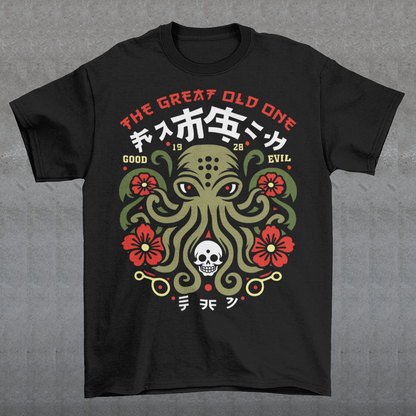 Summon the style of the deep with this striking Japanese Cthulhu tee. The design fuses H.P. Lovecraft’s legendary cosmic horror with bold Japanese ukiyo-e influences. This shirt is perfect for fans of Japanese art, Lovecraftian lore, and anyone who likes their fashion a little… unspeakable.