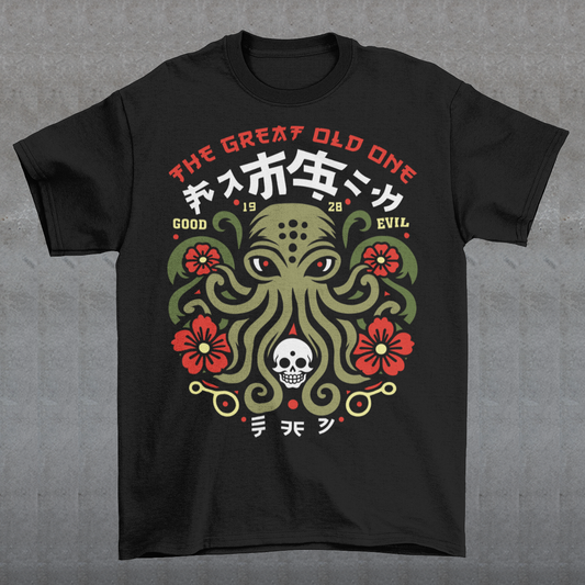 Summon the style of the deep with this striking Japanese Cthulhu tee. The design fuses H.P. Lovecraft’s legendary cosmic horror with bold Japanese ukiyo-e influences. This shirt is perfect for fans of Japanese art, Lovecraftian lore, and anyone who likes their fashion a little… unspeakable.