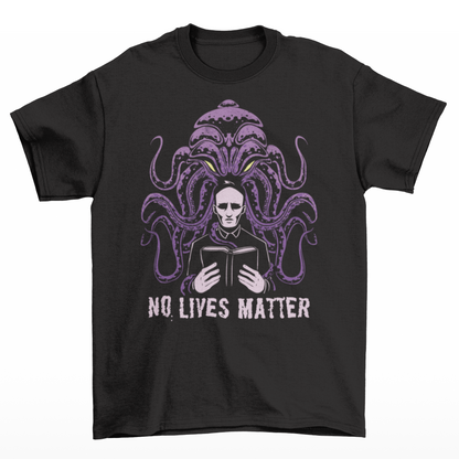 Black t-shirt of Cthulhu behind a priest with text underneath NO LIVES MATTER.