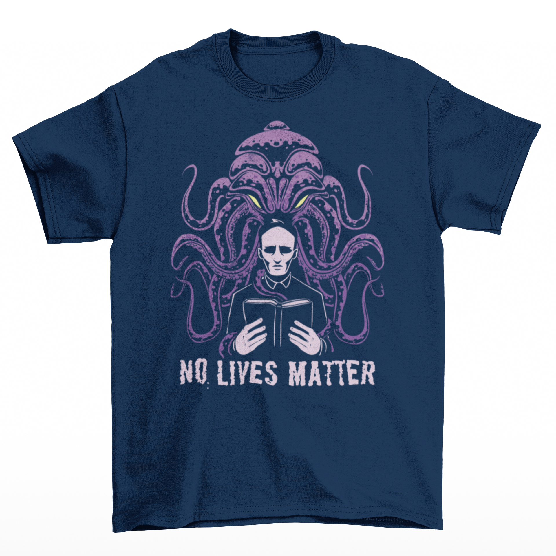 Navy t-shirt of Cthulhu behind a priest with text underneath NO LIVES MATTER.