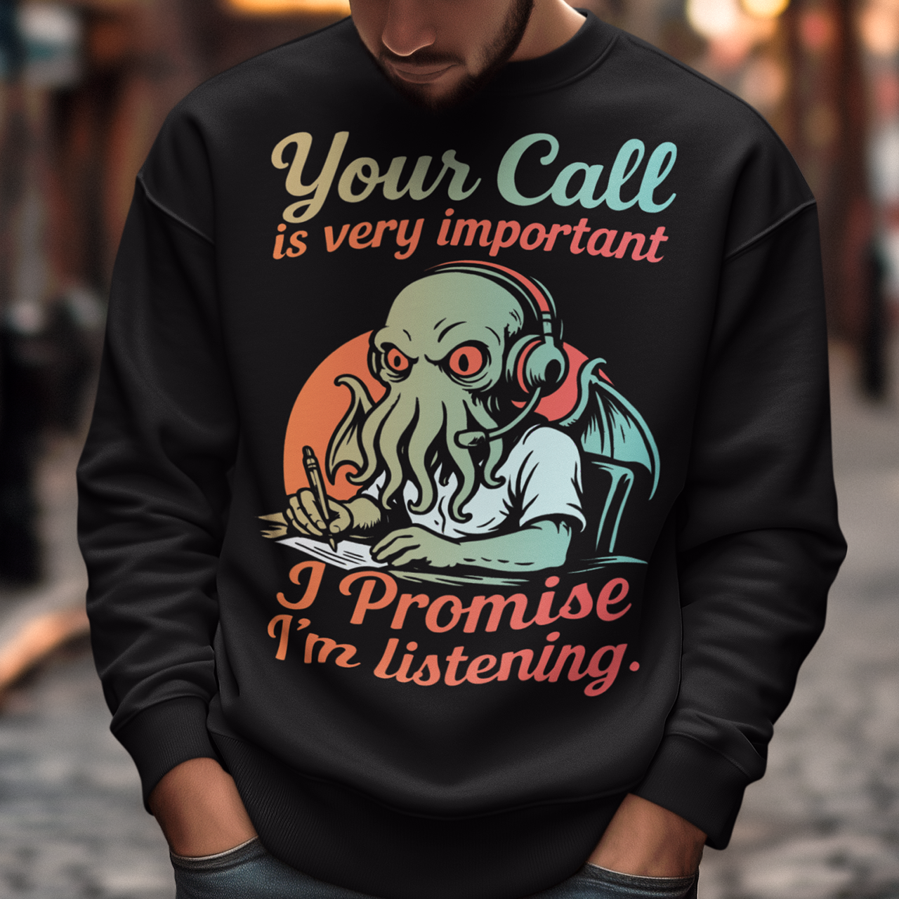 This sweatshirt drops Cthulhu into the fluorescent glow of a call centre desk, headset perched, tentacles multitasking like a cosmic customer-service pro. The vintage colors and playful lettering give it a warm, retro hum while the great old one pretends to take notes. It’s a perfect pick for anyone who has survived hold music, worships dark humor, or simply enjoys mythic chaos wrapped in office casual.