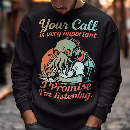 This sweatshirt drops Cthulhu into the fluorescent glow of a call centre desk, headset perched, tentacles multitasking like a cosmic customer-service pro. The vintage colors and playful lettering give it a warm, retro hum while the great old one pretends to take notes. It’s a perfect pick for anyone who has survived hold music, worships dark humor, or simply enjoys mythic chaos wrapped in office casual.