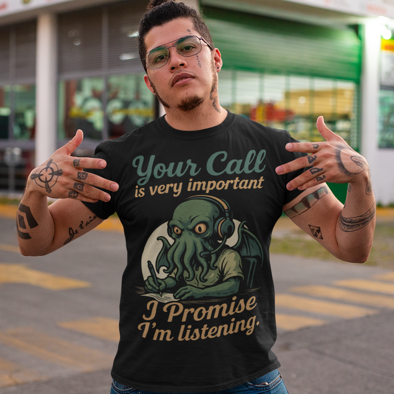 This tee drops Cthulhu into the fluorescent glow of a call center desk, headset perched, tentacles multitasking like a cosmic customer-service pro. The vintage colors and playful lettering give it a warm, retro hum while the great old one pretends to take notes. It’s a perfect pick for anyone who has survived hold music, worships dark humor, or simply enjoys mythic chaos wrapped in office casual.