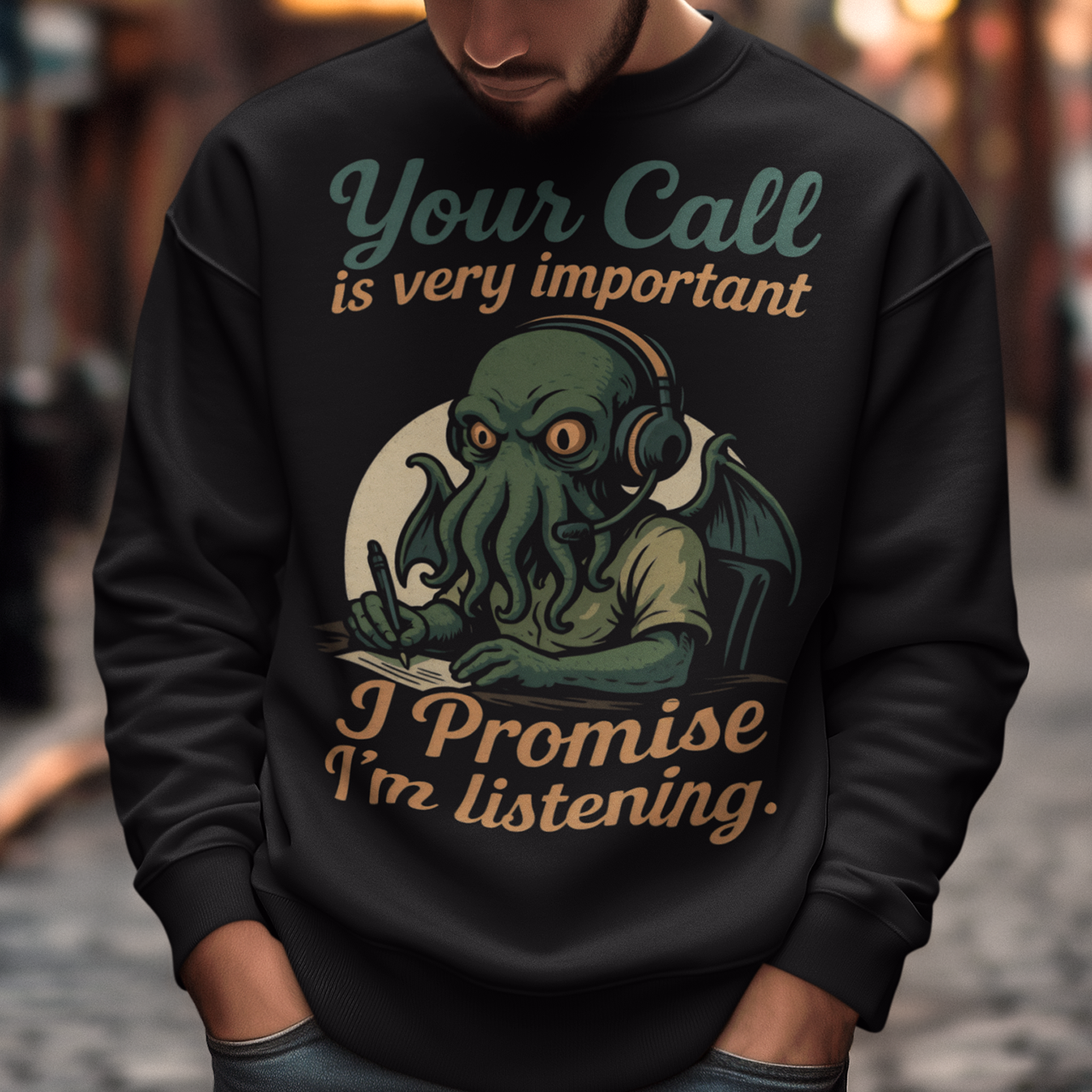 This sweatshirt drops Cthulhu into the fluorescent glow of a call centre desk, headset perched, tentacles multitasking like a cosmic customer-service pro. The vintage colors and playful lettering give it a warm, retro hum while the great old one pretends to take notes. It’s a perfect pick for anyone who has survived hold music, worships dark humor, or simply enjoys mythic chaos wrapped in office casual.