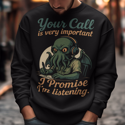 This sweatshirt drops Cthulhu into the fluorescent glow of a call centre desk, headset perched, tentacles multitasking like a cosmic customer-service pro. The vintage colors and playful lettering give it a warm, retro hum while the great old one pretends to take notes. It’s a perfect pick for anyone who has survived hold music, worships dark humor, or simply enjoys mythic chaos wrapped in office casual.