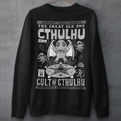 Black Sweatshirt of a comic book design of Cthulhu in a cult.