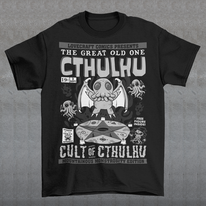 Unleash the madness with this striking comic-book-style Cthulhu Cult t-shirt! Featuring an epic illustration of Cthulhu in all its cosmic glory, the design showcases the Great Old One towering over a dark, mysterious cult. The bold comic-style shading and vibrant colors bring an electrifying energy to this Lovecraftian masterpiece, blending horror and humor in perfect balance. Perfect fans of cosmic horror, graphic novels, or anyone who enjoys summoning style straight from the depths of R’lyeh.