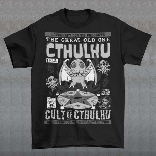 Unleash the madness with this striking comic-book-style Cthulhu Cult t-shirt! Featuring an epic illustration of Cthulhu in all its cosmic glory, the design showcases the Great Old One towering over a dark, mysterious cult. The bold comic-style shading and vibrant colors bring an electrifying energy to this Lovecraftian masterpiece, blending horror and humor in perfect balance. Perfect fans of cosmic horror, graphic novels, or anyone who enjoys summoning style straight from the depths of R’lyeh.