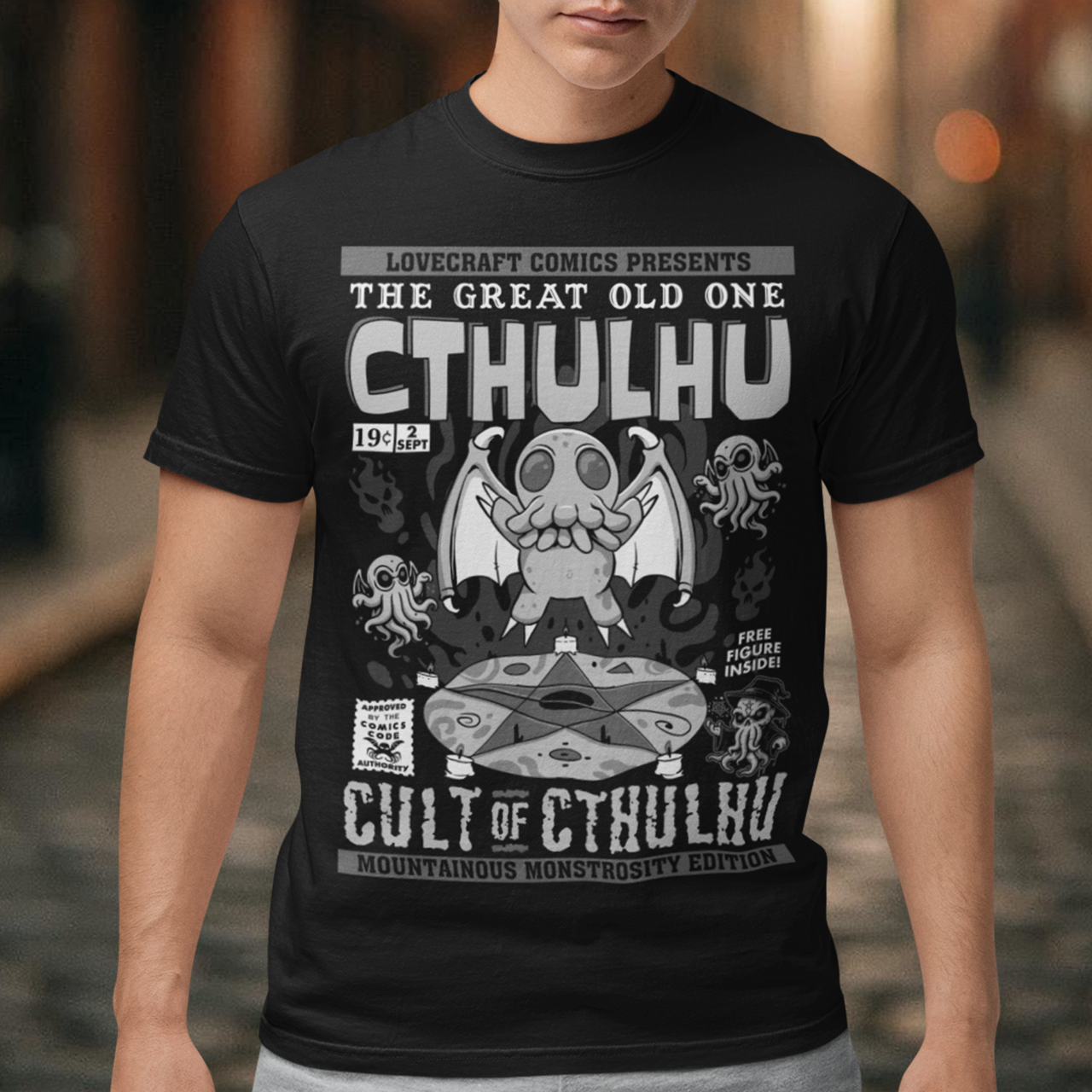 Unleash the madness with this striking comic-book-style Cthulhu Cult t-shirt! Featuring an epic illustration of Cthulhu in all its cosmic glory, the design showcases the Great Old One towering over a dark, mysterious cult. The bold comic-style shading and vibrant colors bring an electrifying energy to this Lovecraftian masterpiece, blending horror and humor in perfect balance. Perfect fans of cosmic horror, graphic novels, or anyone who enjoys summoning style straight from the depths of R’lyeh.