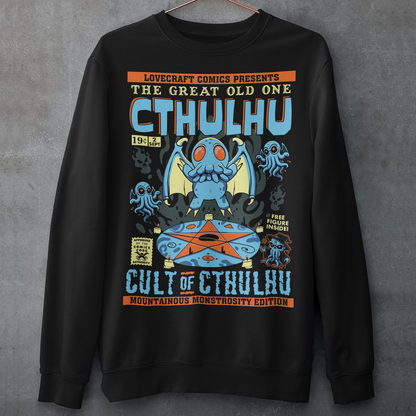 Black Sweatshirt of a comic book design of Cthulhu in a cult.