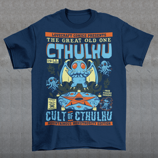 Unleash the madness with this striking comic-book-style Cthulhu Cult t-shirt! Featuring an epic illustration of Cthulhu in all its cosmic glory, the design showcases the Great Old One towering over a dark, mysterious cult. The bold comic-style shading and vibrant colors bring an electrifying energy to this Lovecraftian masterpiece, blending horror and humor in perfect balance. Perfect for fans of cosmic horror, graphic novels, or anyone who enjoys summoning style straight from the depths of R’lyeh. Wear it