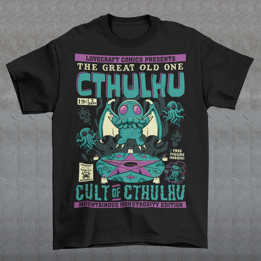 Unleash the madness with this striking comic-book-style Cthulhu Cult t-shirt! Featuring an epic illustration of Cthulhu in all its cosmic glory, the design showcases the Great Old One towering over a dark, mysterious cult. The bold comic-style shading and vibrant colors bring an electrifying energy to this Lovecraftian masterpiece, blending horror and humor in perfect balance. Perfect fans of cosmic horror, graphic novels, or anyone who enjoys summoning style straight from the depths of R’lyeh.