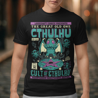 Unleash the madness with this striking comic-book-style Cthulhu Cult t-shirt! Featuring an epic illustration of Cthulhu in all its cosmic glory, the design showcases the Great Old One towering over a dark, mysterious cult. The bold comic-style shading and vibrant colors bring an electrifying energy to this Lovecraftian masterpiece, blending horror and humor in perfect balance. Perfect fans of cosmic horror, graphic novels, or anyone who enjoys summoning style straight from the depths of R’lyeh.