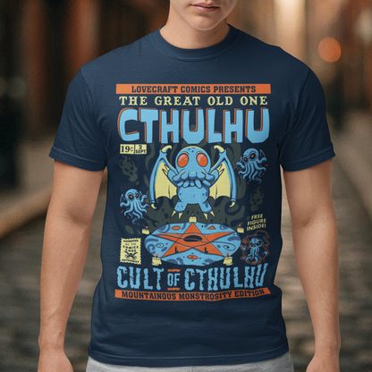 Unleash the madness with this striking comic-book-style Cthulhu Cult t-shirt! Featuring an epic illustration of Cthulhu in all its cosmic glory, the design showcases the Great Old One towering over a dark, mysterious cult. The bold comic-style shading and vibrant colors bring an electrifying energy to this Lovecraftian masterpiece, blending horror and humor in perfect balance. Perfect fans of cosmic horror, graphic novels, or anyone who enjoys summoning style straight from the depths of R’lyeh.
