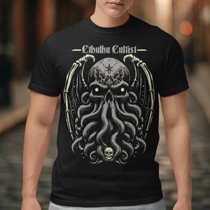Unleash your dark allegiance with this bold graphic tee featuring a haunting skull-faced Cthulhu design. Tentacles twist and coil beneath a menacing skeletal visage, merging death and madness in one unforgettable image. Above the ancient cosmic horror, the words “Cthulhu Cultist” loom in eldritch-style lettering, marking you as a devoted follower of the Great Old One. Perfect for fans of Lovecraftian horror, dark fantasy, or anyone drawn to the mysterious depths of the unknown.