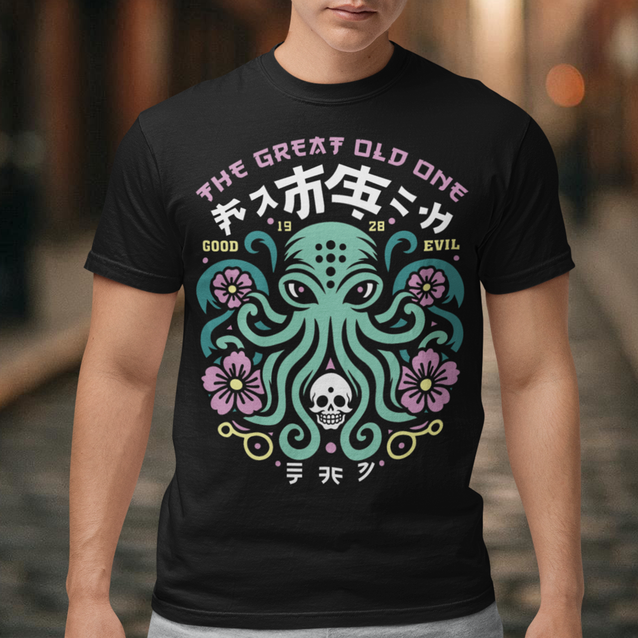 Summon the style of the deep with this striking Japanese Cthulhu tee. The design fuses H.P. Lovecraft’s legendary cosmic horror with bold Japanese ukiyo-e influences. This shirt is perfect for fans of Japanese art, Lovecraftian lore, and anyone who likes their fashion a little… unspeakable.