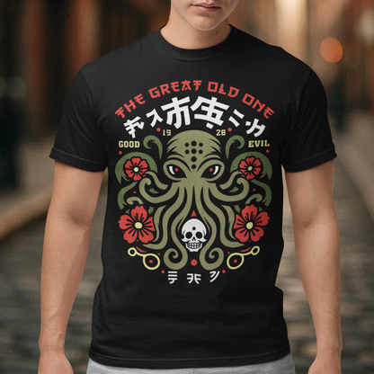 Summon the style of the deep with this striking Japanese Cthulhu tee. The design fuses H.P. Lovecraft’s legendary cosmic horror with bold Japanese ukiyo-e influences. This shirt is perfect for fans of Japanese art, Lovecraftian lore, and anyone who likes their fashion a little… unspeakable.