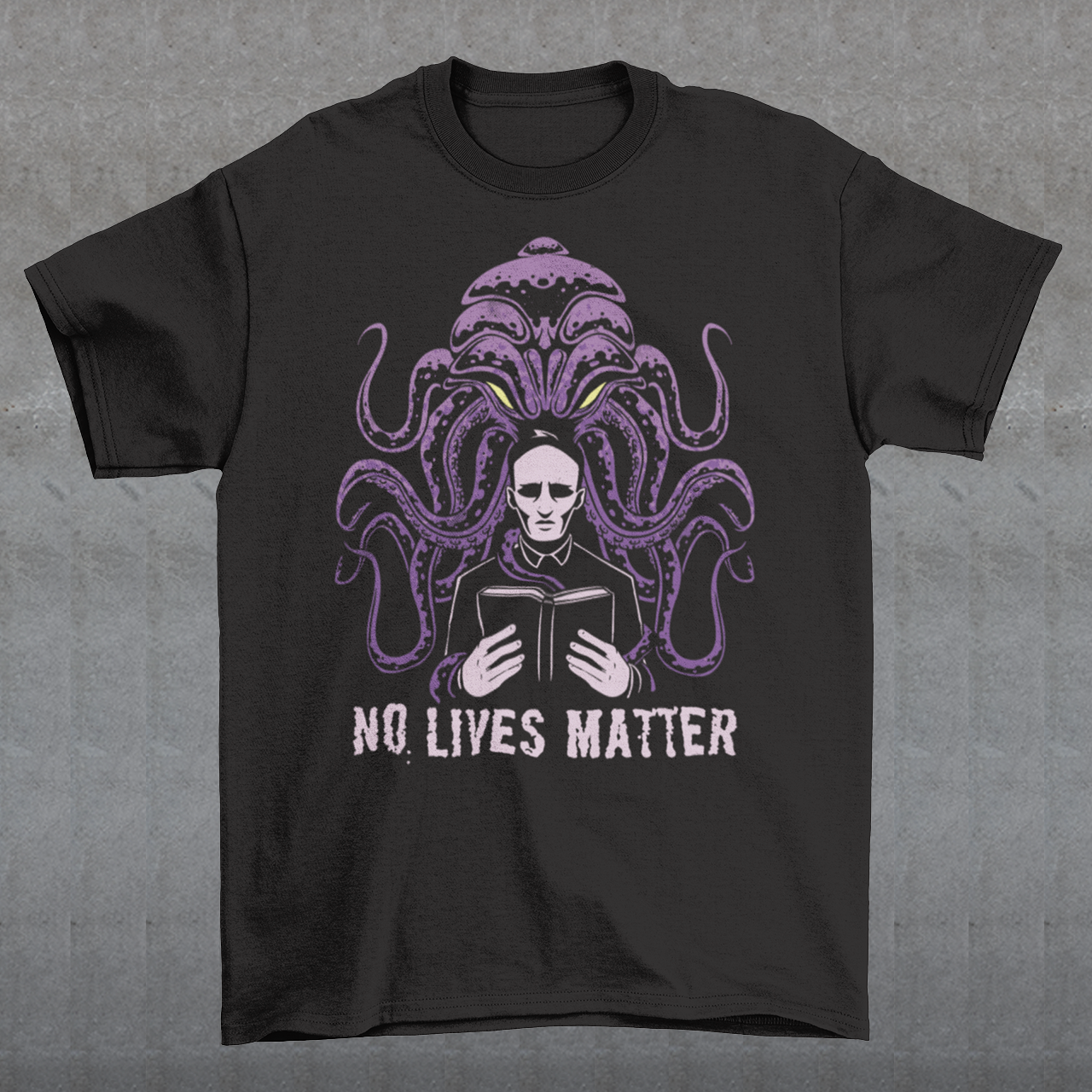 Step into the eerie realm where the ancient cosmic horror, Cthulhu, looms ominously behind a solitary priest, casting a shadow of impending doom. This captivating design captures the essence of Lovecraftian terror, merging the supernatural with the mortal realm. Beneath the chilling imagery, bold text declares a provocative message: NO LIVES MATTER. This enigmatic phrase challenges conventional notions of importance and existence, echoing the nihilistic undertones prevalent in Lovecraftian lore.