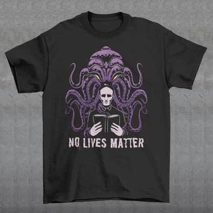 Step into the eerie realm where the ancient cosmic horror, Cthulhu, looms ominously behind a solitary priest, casting a shadow of impending doom. This captivating design captures the essence of Lovecraftian terror, merging the supernatural with the mortal realm. Beneath the chilling imagery, bold text declares a provocative message: NO LIVES MATTER. This enigmatic phrase challenges conventional notions of importance and existence, echoing the nihilistic undertones prevalent in Lovecraftian lore.